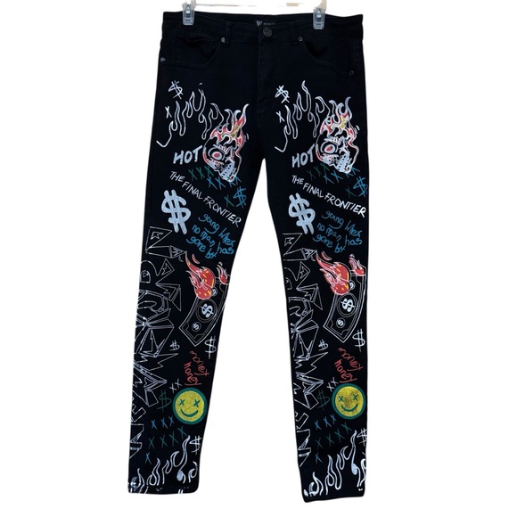 Waimea Men’s Black StretchSkinny Fit Graffiti Jeans 34x30 Pants - Picture 1 of 10